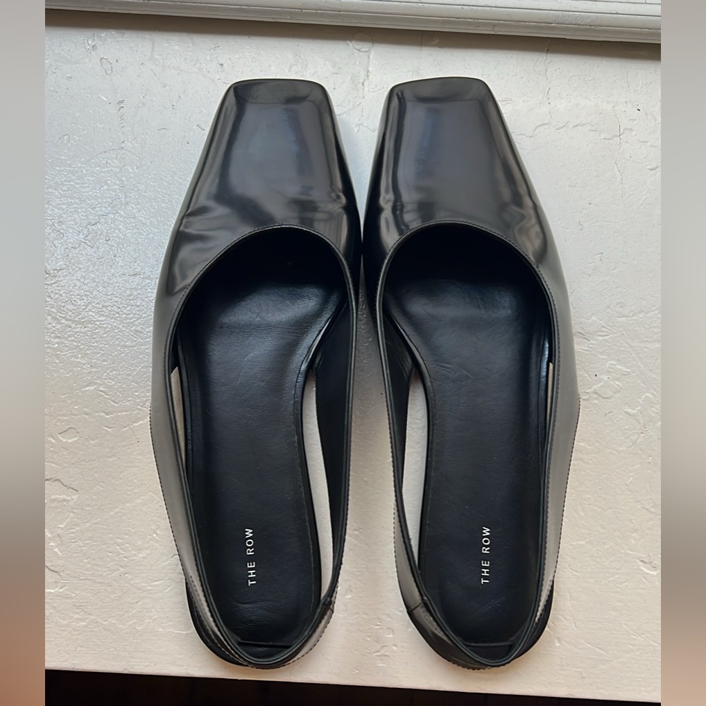 The Row Black Patent Leather Pointed Slingback Flats